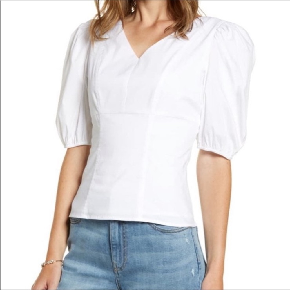 XS RACHEL PARCELL White Puff Sleeve V-Neck Top